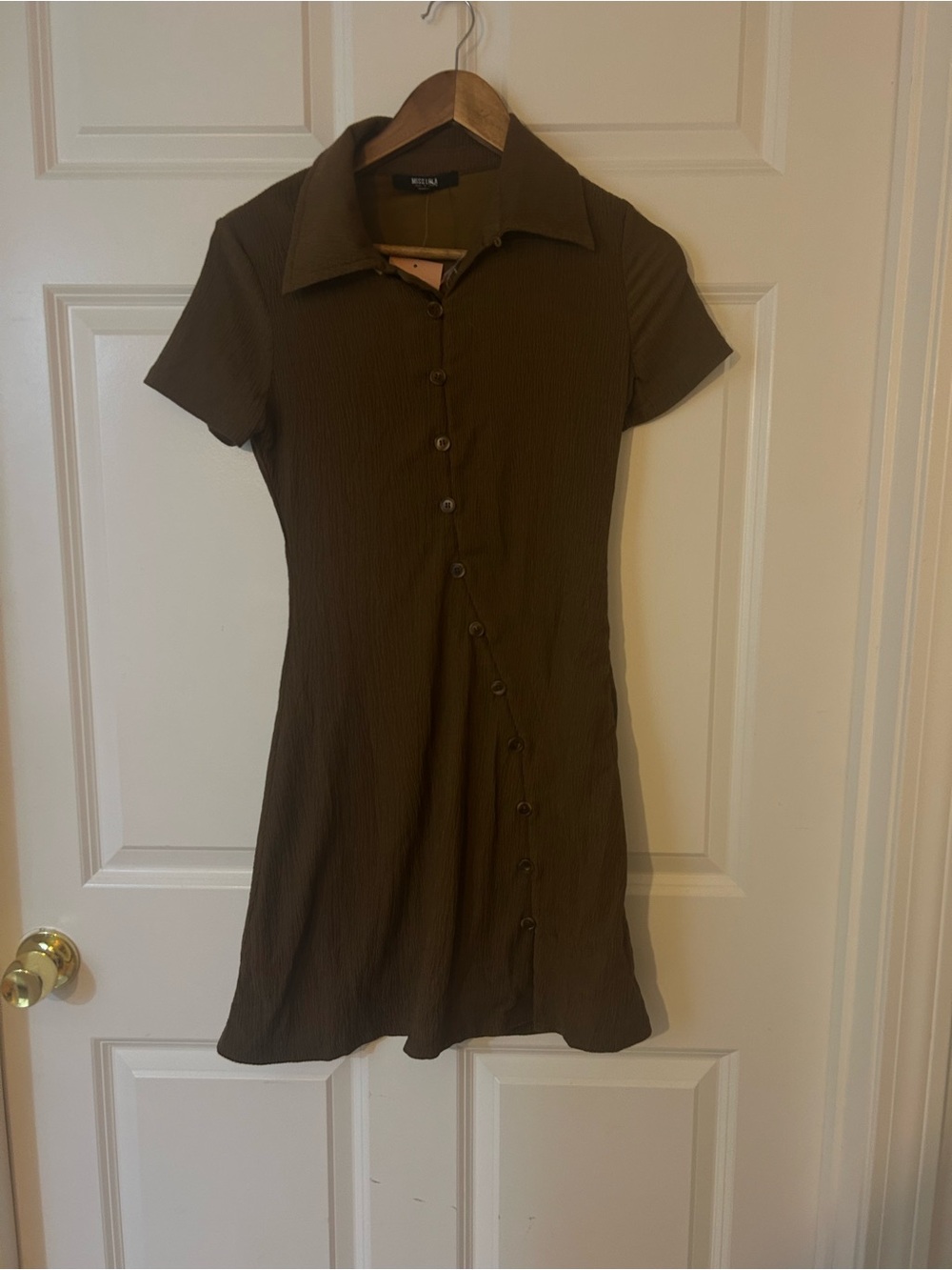 Miss Lola Asymmetric Button-Down Brown Short-Sleeve Mini Dress